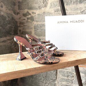 Amina Muaddi Leopard Robyn Slipper Satin Embellished Sandals